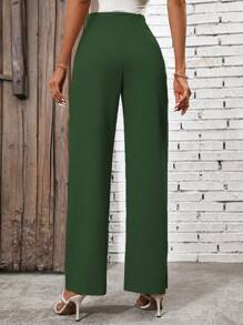 SHEIN Clasi Pantalones rectos unicolor con nudo lateral - Verde - Ver 2