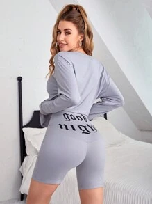 Slogan Graphic Drop Shoulder Tee & Shorts Lounge Set - Grey - View 2