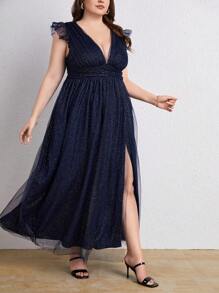 SHEIN Belle 大碼1入組深V領高衩伴娘洋裝 - 藏蓝色 - 查看 6