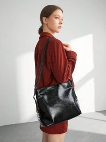 SHEIN BIZwear 時尚純色大容量pu女士肩袋,通勤風格 - 黑色 - 查看 1