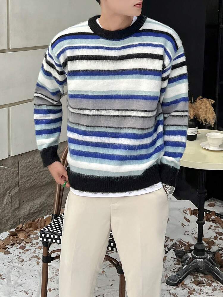 Men Striped Pattern Drop Shoulder Sweater