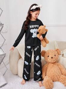 SHEIN Tween Girls' Everyday Casual Koala Patterned Round Neck Long Sleeve Pajama Set - Black - View 3