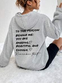 SHEIN EZwear Letter Print Hooded Women's Sweatshirt With Back Design - Grey - View 1