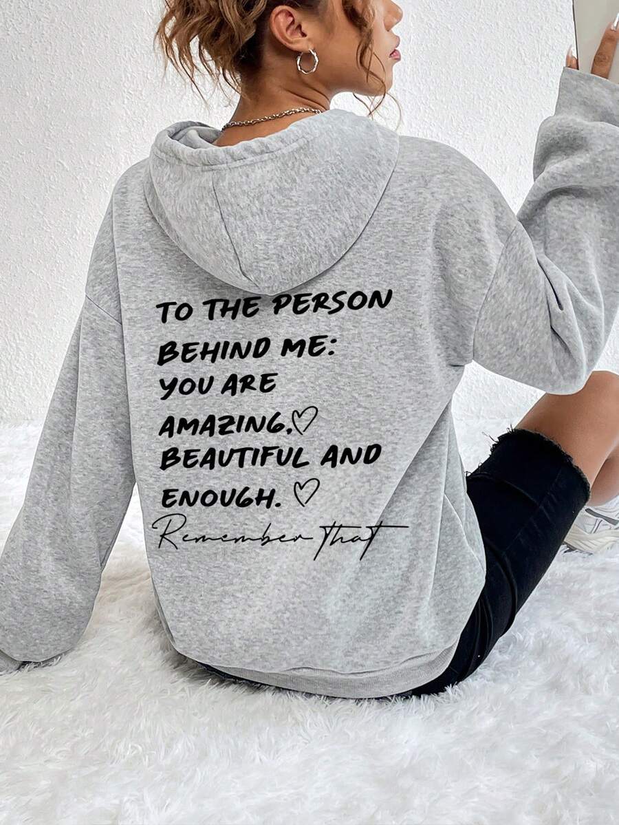 SHEIN EZwear Letter Print Hooded Women's Sweatshirt With Back Design - Grey - View 1