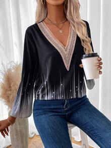 EMERY ROSE 圖案印花水溶蕾絲拼接荷葉袖襯衫 - 彩色 - 查看 6