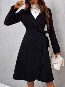SHEIN Clasi Solid Knot Side Wrap Overcoat - Black - View 5
