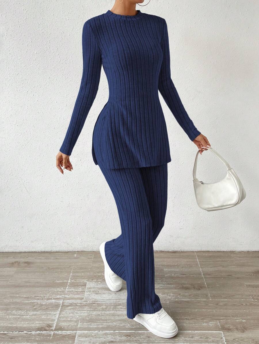 EMERY ROSE 罗纹针织开叉下摆 T 恤和裤子，女士春/秋休闲罗纹针织，开叉长袖修身皇家蓝常规袖 T 恤裤女式两件套服装，休闲日常穿着 - 寶藍色 - 查看 1