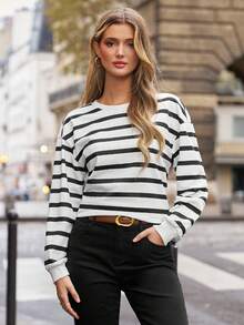 SHEIN Frenchy Women's Striped Drop Shoulder Sweatshirt - Black and White - View 6