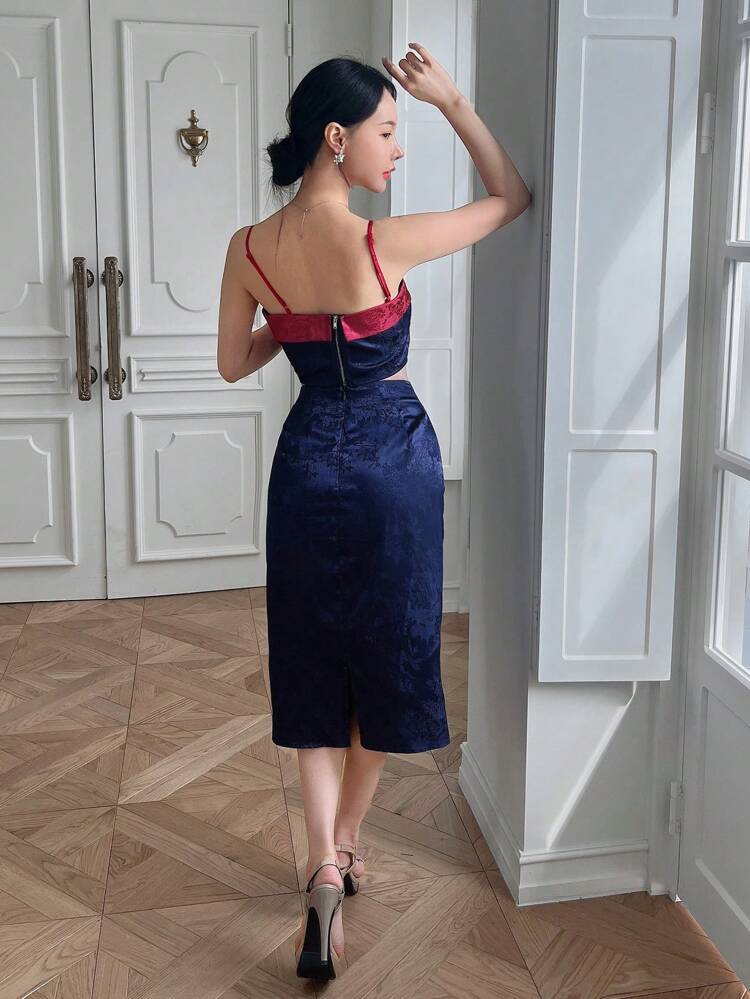 2pcs Women's Modern Chinese Style Jacquard Splicing Top & Bottom Set