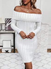 Chiquease Vestido de punto ajustado de hombros descubiertos doblado - Blanco - Ver 3