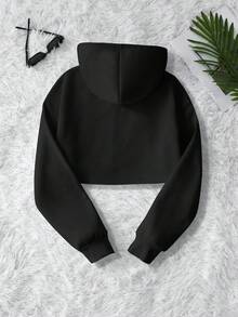 SHEIN EZwear 女士字母印花連帽抓絨衣,帶束口繩 - 黑色 - 查看 2