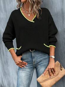 SHEIN LUNE Thả vai Áo len Với Khối màu Và Edging - màu đen - Xem 3