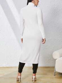 SHEIN Privé 大碼高領下擺開叉T恤 - 白色 - 查看 3