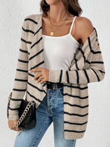 SHEIN LUNE Women's Striped Turn-down Collar Cardigan - Khaki - View 1