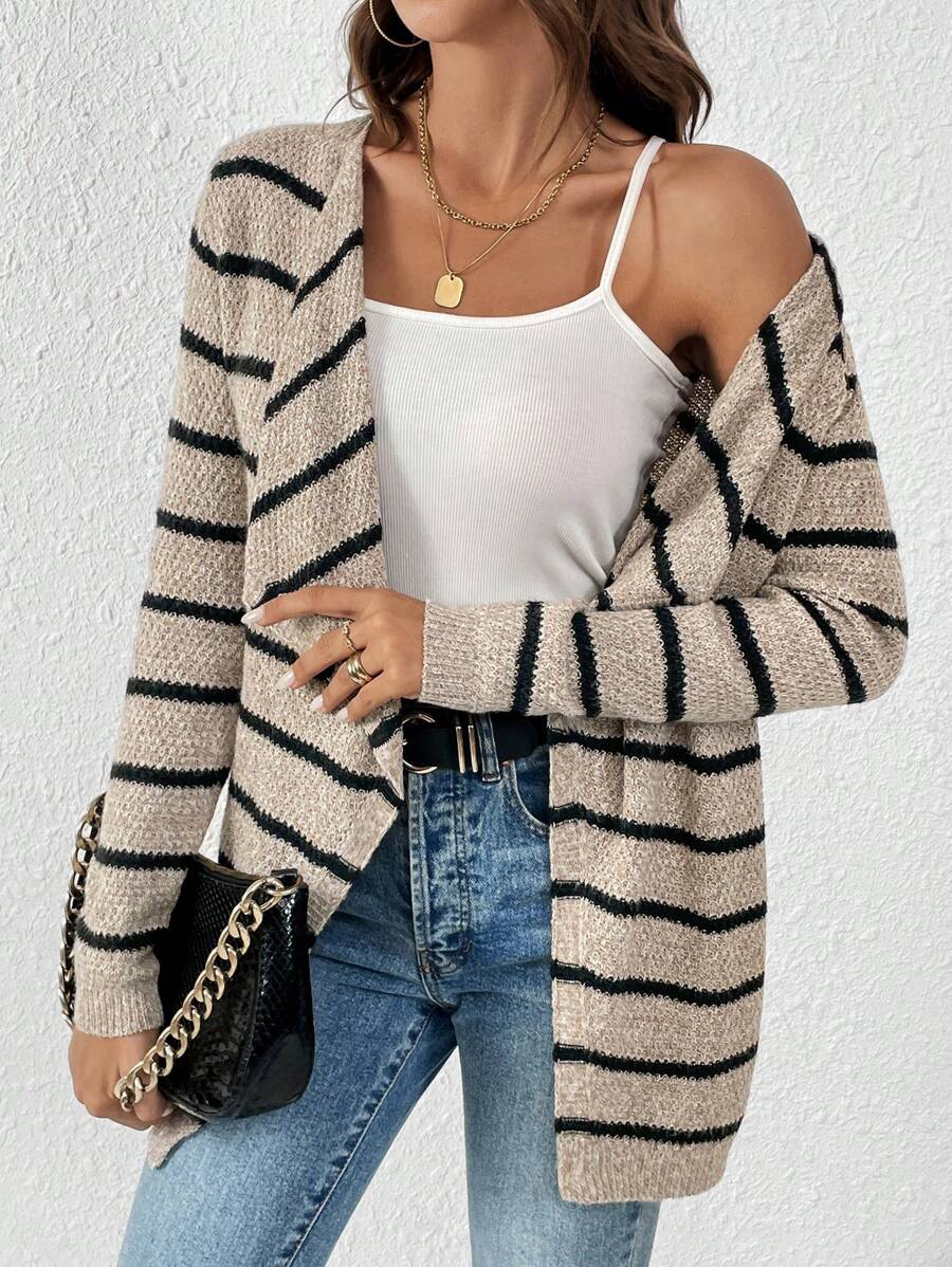 SHEIN LUNE Women's Striped Turn-down Collar Cardigan - Khaki - View 1