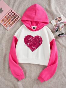 SHEIN Qutie Sequin Heart Graphic Drop Shoulder Two Tone Hoodie - Multicolor - View 1