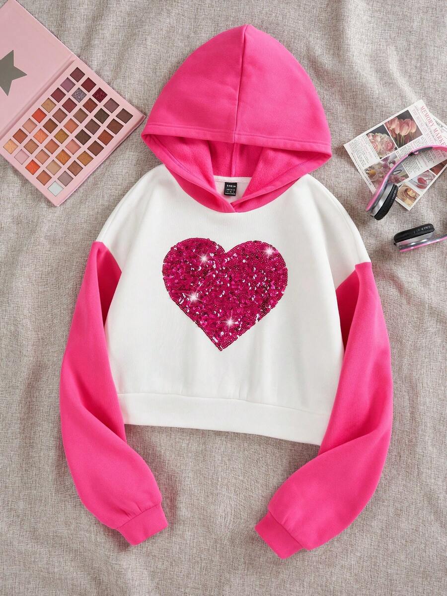 SHEIN Qutie Sequin Heart Graphic Drop Shoulder Two Tone Hoodie - Multicolor - View 1