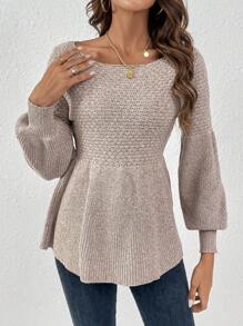 SHEIN Frenchy Solid Bishop Sleeve Peplum Sweater - Khaki - View 3