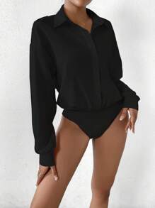 SHEIN Privé Solid Color Button Front Bodysuit - Black - View 4