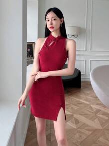 EastFlair Nuevo Vestido De Fiesta De Estilo Chino Con Cuello Qipao, Diseño Sin Mangas Y Ajustado Al Cuerpo, Tela De Brocado Exquisita Y Seda Brillante, Hebilla Decorativa