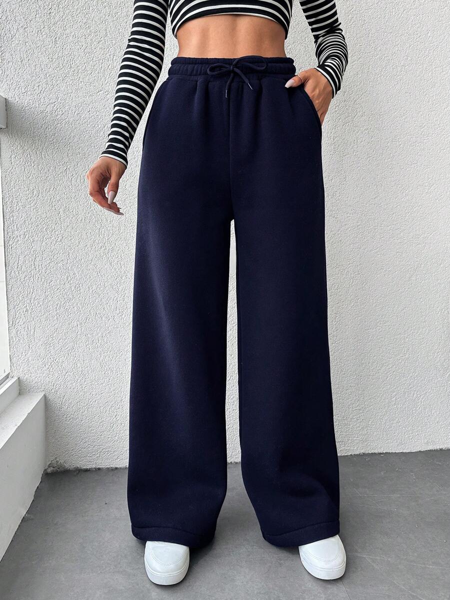 EURMUSE Women's Solid Color Drawstring High Waist Wide Leg Pants - Navy Blue - View 1