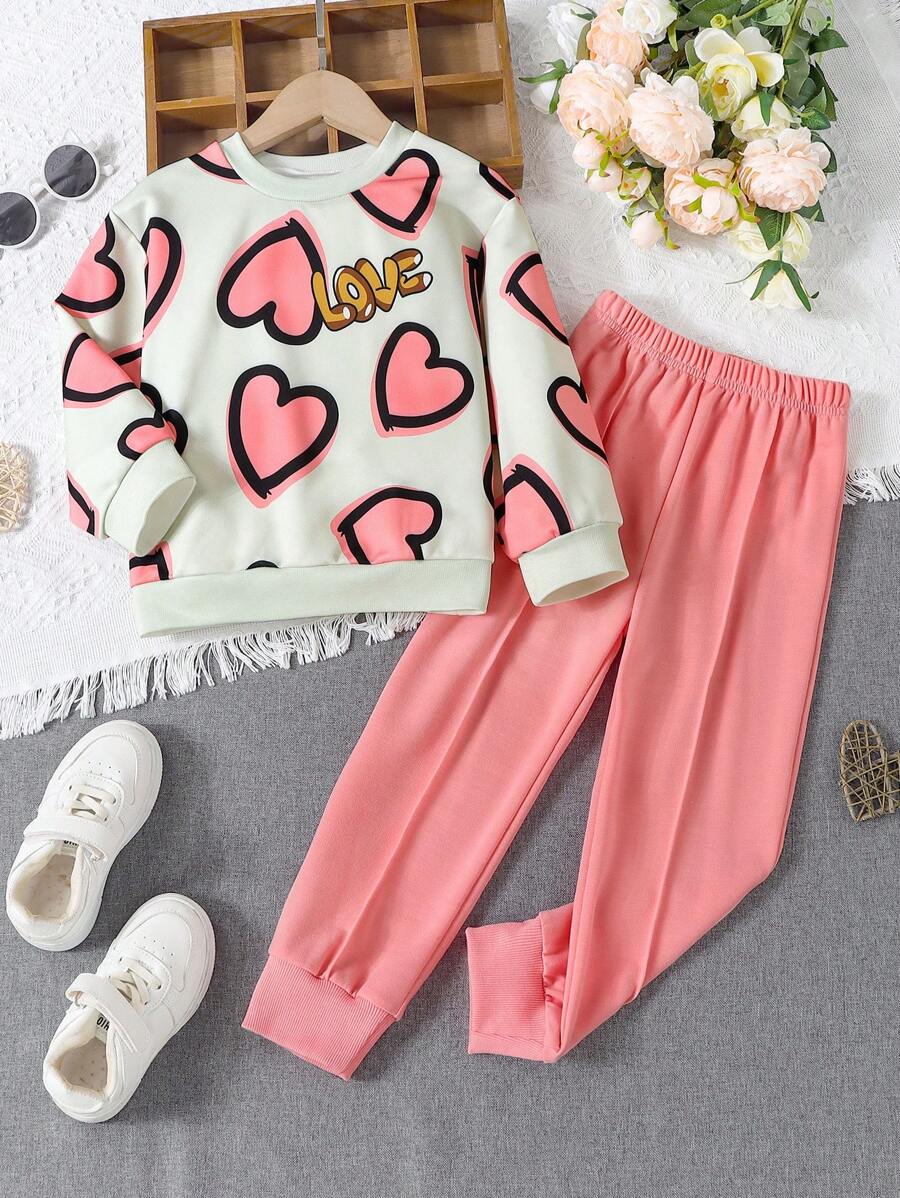 SHEIN 少女心字母圖形連帽衫和運動長褲 - 粉色 - 查看 1
