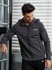 Manfinity Sport Corelite Men Letter Graphic Raglan Sleeve Hooded Sports Jacket Workout Tops Sports Jacket