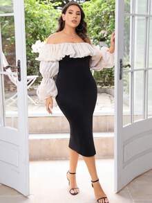 Vestido Con Hombros Descubiertos De Talla Grande Con Volantes, Abertura Y Dos Tonos - Negro - Ver 7