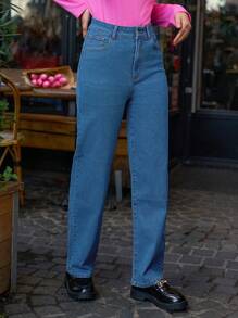 SHEIN Frenchy Women's Straight Fit Simple Style Jeans - Medium Wash - View 3