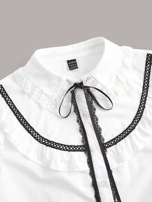 SHEIN DECDS 蕾絲拼貼荷葉邊鑲邊裝飾前繫帶襯衫 - 白色 - 查看 4