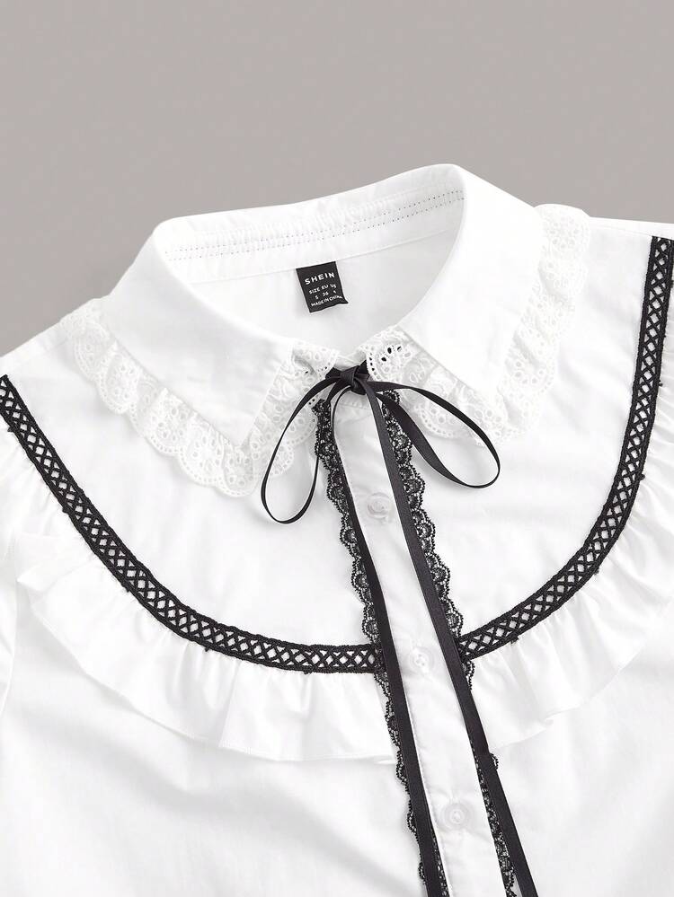 SHEIN DECDS 蕾絲拼貼荷葉邊鑲邊裝飾前繫帶襯衫 - 白色 - 查看 4