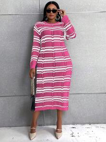 Celure Plus Striped Pattern Sweater Dress - Hot Pink - View 6