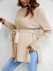 孕婦優雅寬鬆長袖毛衣,分裂下擺,帶束腰和圓領 - 卡其色 - 查看 6