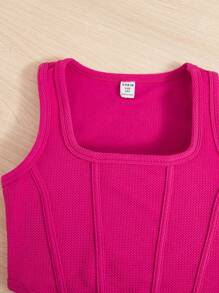 SHEIN Cô gái Tween Dệt kim Màu thuần Cổ vuông Cami ngọn Bộ Của 3 - Nhiều màu - Xem 3