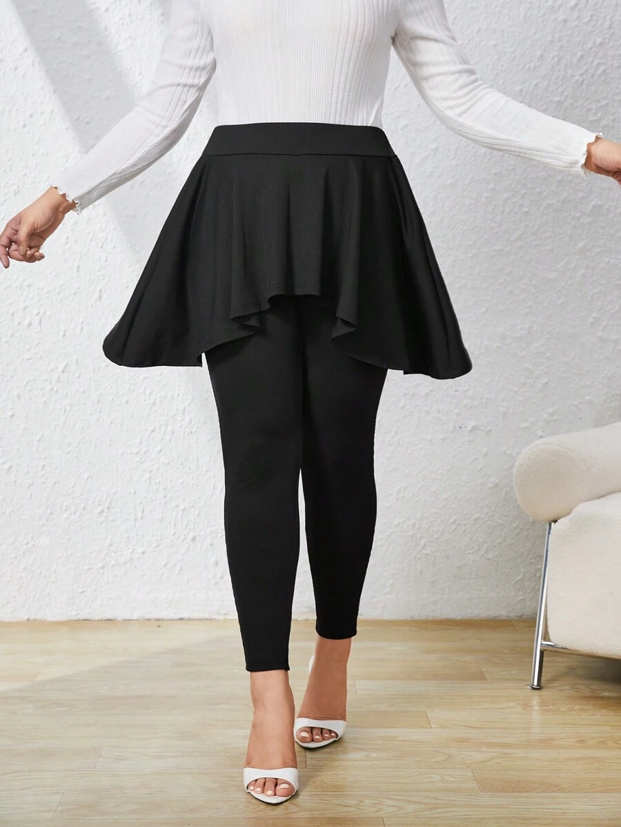 SHEIN Privé 大碼高腰荷葉邊二合一緊身打底褲 - 黑色 - 查看 1