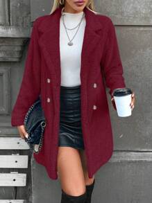 SHEIN Privé Lapel Neck Double Breasted Teddy Coat - Burgundy - View 1