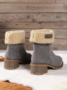 女士新款秋冬欧美中筒粗跟双面人造毛皮雪地靴，超大码 - 灰色 - 查看 7