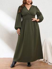 SHEIN Privé 大尺碼女款燈籠袖百褶連身裙 - 軍綠色 - 查看 5