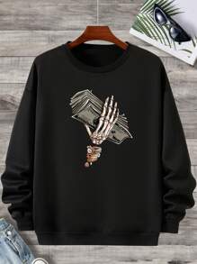 Men Plus Skeleton Hand Print Thermal Lined Sweatshirt - Black - View 1