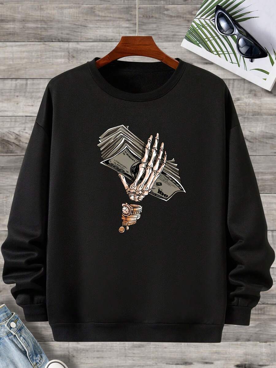 Men Plus Skeleton Hand Print Thermal Lined Sweatshirt - Black - View 1