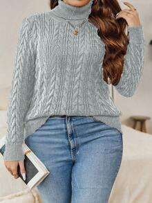 Calvaya Plus Turtleneck Cable Knit Sweater - Light Grey - View 5
