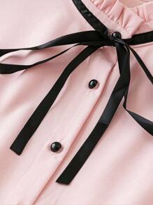 SHEIN LUNE 大碼繫帶領百褶細節褶邊繫帶領泡泡袖襯衫 - 粉色 - 查看 4