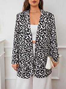 SHEIN LUNE 大碼豹紋印花西裝領西裝外套 - 黑與白 - 查看 5