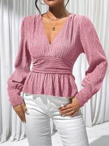 SHEIN Privé 純色燈籠袖褶邊上衣 - 粉色 - 查看 4