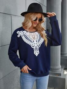 SHEIN LUNE Guipure Lace Insert Drop Shoulder Sweatshirt - Blue - View 4