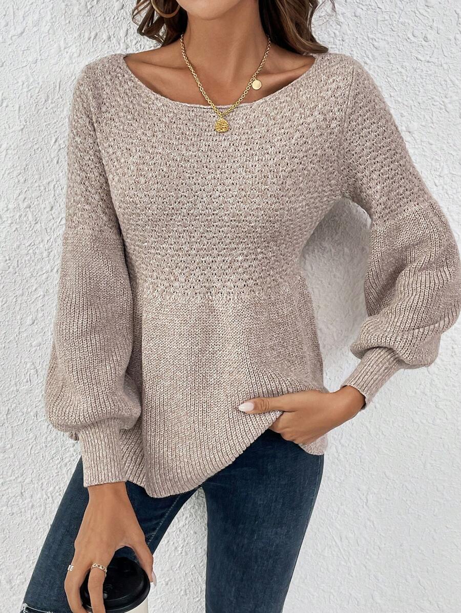 SHEIN Frenchy Solid Bishop Sleeve Peplum Sweater - Khaki - View 1