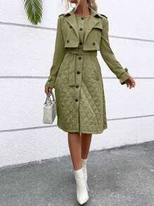 SHEIN Essnce 女款翻領雙排扣束帶風衣 - 軍綠色 - 查看 7