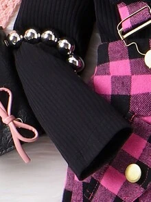 SHEIN 小女孩蕾絲拼接t恤和格子背帶裙兩件套裝 - 紫羅蘭色 - 查看 3