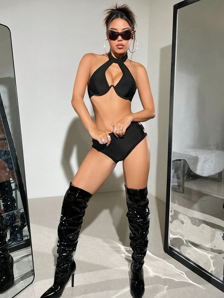 Women's Halter Neck Back Strap Black Bikini Set Summer Beach