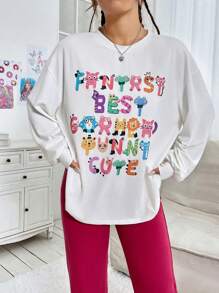 SHEIN EZwear Damen-t-shirt Mit Cartoon-buchstaben-print - Weiss - Übersicht 5